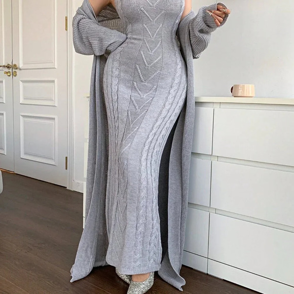 Grey Casual Women's High Neck Sleeveless Sweater Dress w/Cardigan - Picture 6 of 7